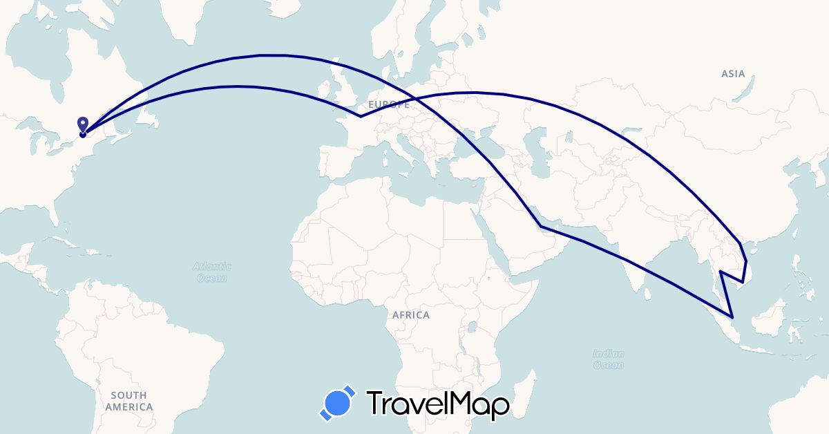 TravelMap itinerary: driving in Canada, Qatar, Singapore, Thailand, Vietnam (Asia, North America)